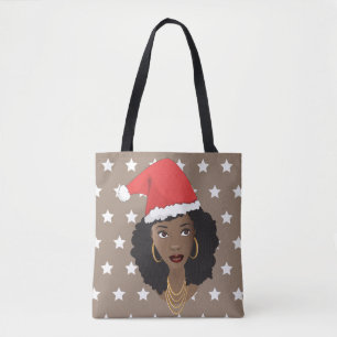 Black Woman, Santa Hat, White Stars Pattern, Brown Tote Bag