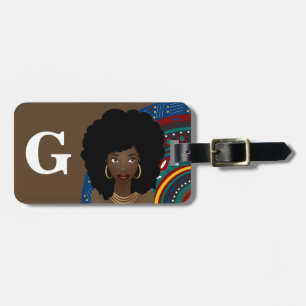 Black Woman, Tribal Inspired, Monogram, Brown Luggage Tag