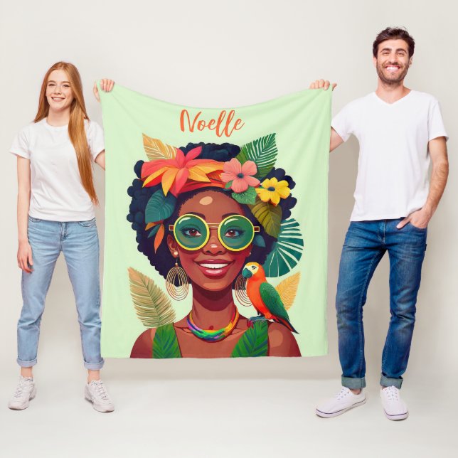 Black Woman, Tropical Flowers & Parrot Fleece Blanket (In Situ)