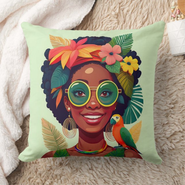 Black Woman, Tropical Flowers & Parrot Throw Pillow (Blanket)