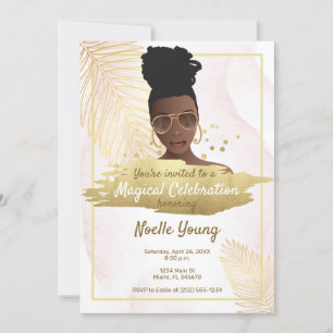Black Woman, Tropical Golden Pink Birthday Invitation