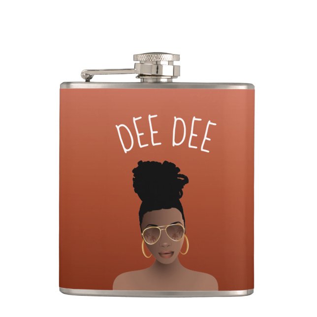 Black Woman w/Gold Shades & High Bun, Copper Brown Hip Flask (Front)
