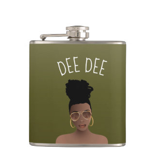Black Woman w/Gold Shades & High Bun, Olive Green Hip Flask