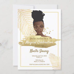 Black Woman w/Shades, Tropical Golden Birthday Invitation