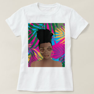 Black Woman w/Sunglesses, Tropical Colourful Leave T-Shirt