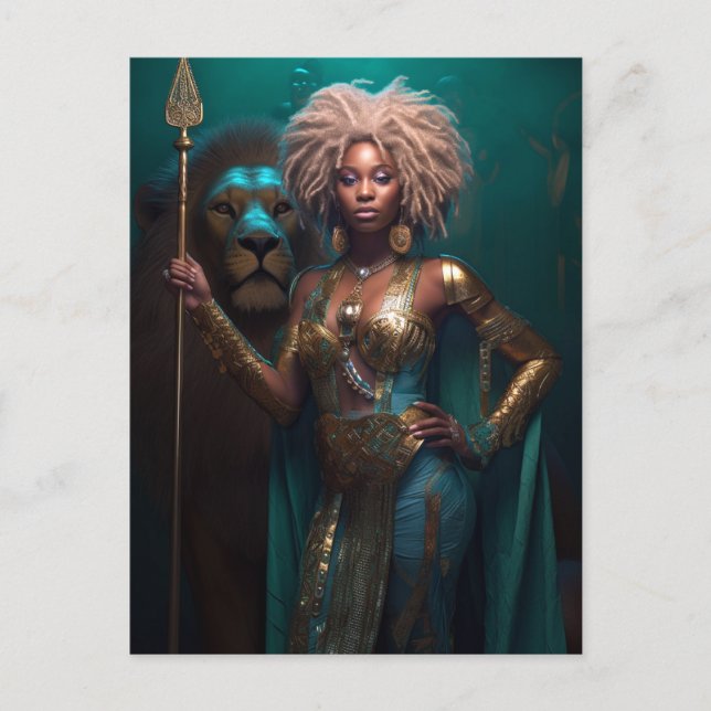 Black Woman Warrior With Lion Fantasy Art Postcard (Front)