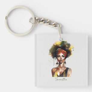 Black Woman Wearing Ethnic Headwrap Keychain