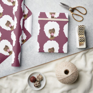Black Woman, White Afro, Pink Bubblegum, Purple Wrapping Paper