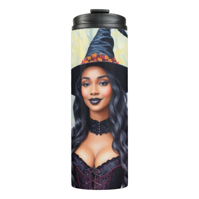 Black Woman Witch Fall Leaves Art Thermal Tumbler (Front)
