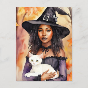 Black Woman Witch With Cat Autumn Watercolor Postcard