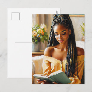 Black Woman With Braided Hair Reading Postcard
