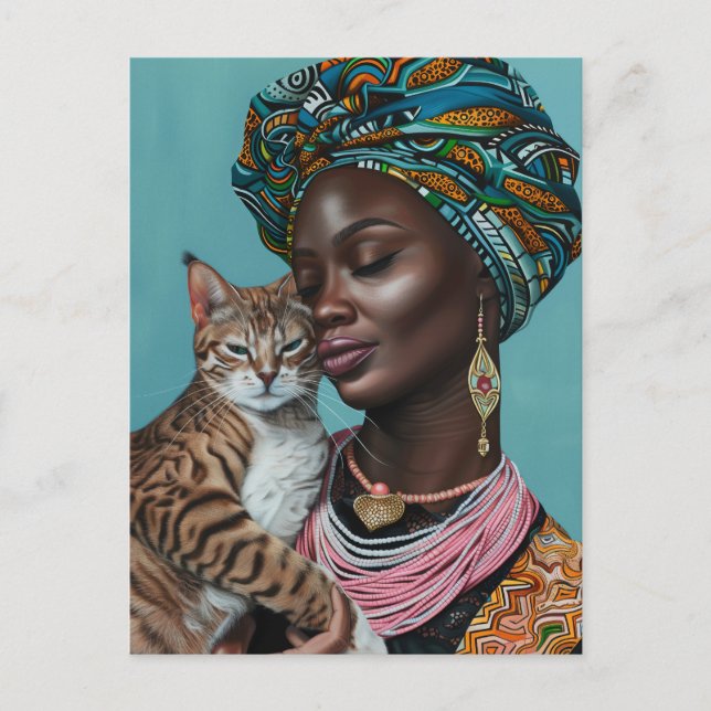 Black Woman With Cat Postcard (Front)