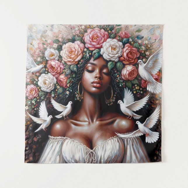 Black Woman With Doves and Flowers  Tapestry (Front)
