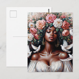 Black Woman With Doves Floral Art Postcard