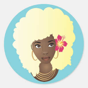 Black Woman with Flower in her Blonde Afro, Blue Classic Round Sticker