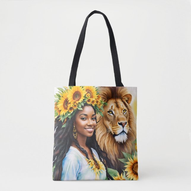 Black Woman With Sunflowers and Lion Leo Tote Bag (Front)