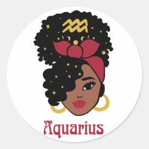 Black Woman Zodiac Aquarius Classic Round Sticker
