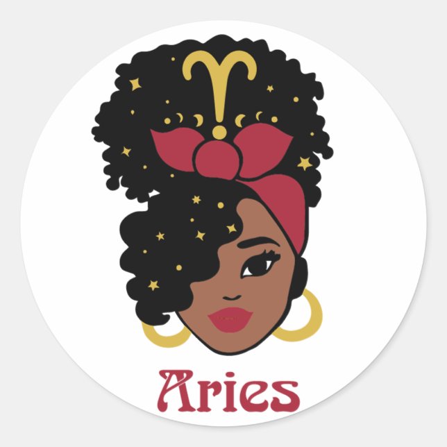 Black Woman Zodiac Aries Classic Round Sticker (Front)