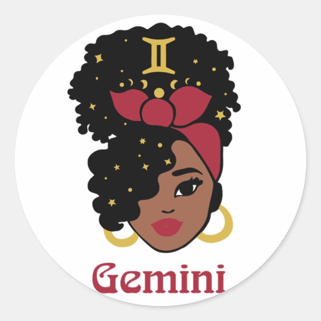 Black Woman Zodiac Gemini Classic Round Sticker (Front)