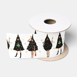 Black Women Dressed in Black Christmas Tree Party Satin Ribbon