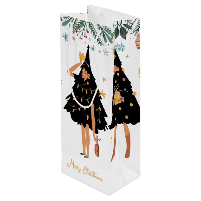 Black Women Dressed in Black Christmas Tree Party Wine Gift Bag (Back Angled)