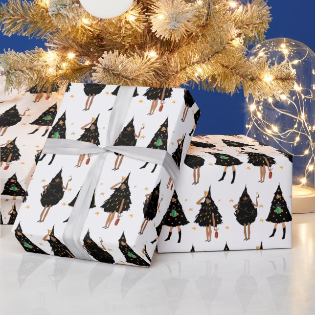 Black Women Dressed in Black Christmas Tree Party Wrapping Paper (Holidays)