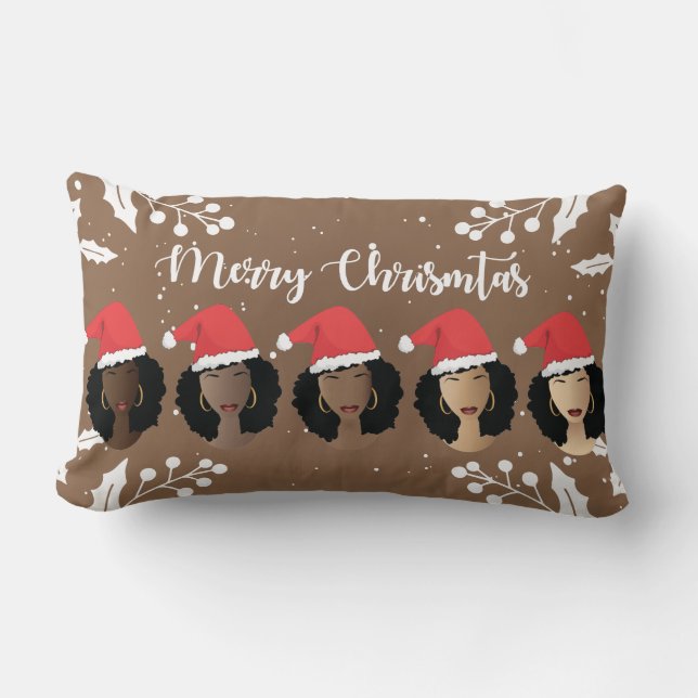 Black Women, Merry Christmas Santa Hats, Brown Lumbar Pillow (Front)