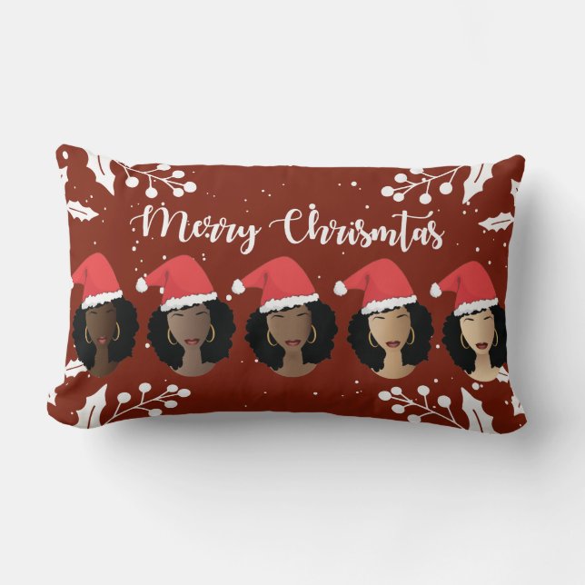 Black Women, Merry Christmas Santa Hats, Burgundy Lumbar Pillow (Front)