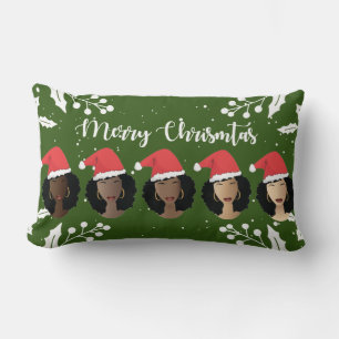 Black Women, Merry Christmas Santa Hats, Green Lumbar Pillow