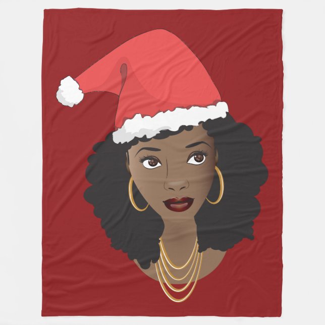 Black Women, Red Santa Hat, Christmas, Red Fleece Blanket (Front)