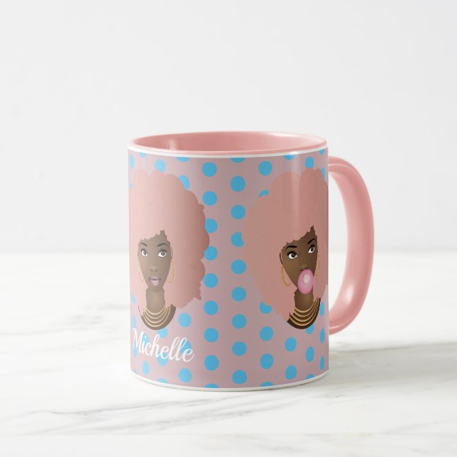 Black Women w/Pink Afro, Bubblegum & Flower Dots Mug (Front Right)