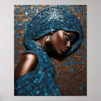 Black Womens Blue Copper Mosaic Face Wall Art