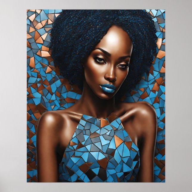 Black Womens Blue Copper Mosaic Face Wall Art (Front)