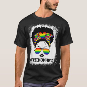Black Womens Free Mom Hugs Messy Bun LGBT Pride Ra T-Shirt