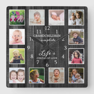 Black Wood 12 Photo Collage Grandchildren Quote Square Wall Clock