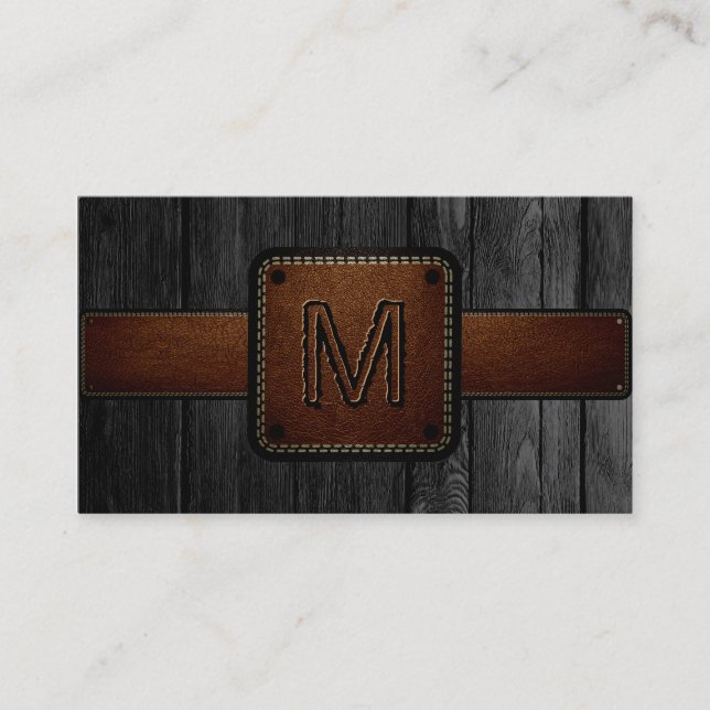 Black Wood Brown Leather Look Monogram Business Card (Front)