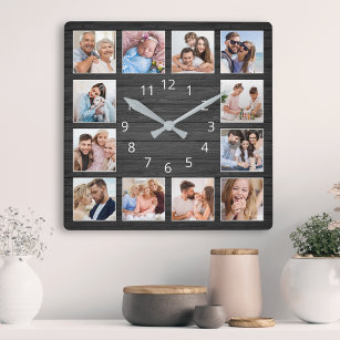Black Wood Custom Photo Collage Elegant Square Wall Clock