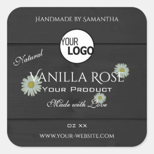 Black Wood Grain Product Labels Floral Daisy Logo