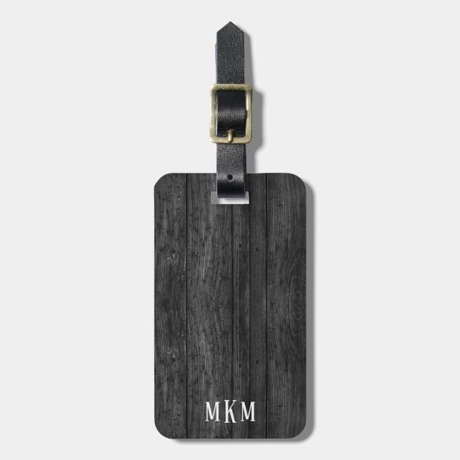 Black Wood Grain Textured Monogram Luggage Tag (Front Vertical)