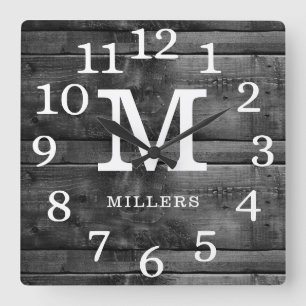 Black Wood Large Numbers Family Name Monogram   Square Wall Clock