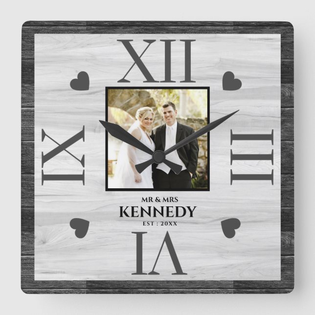 Black Wood Personalized Photo Wedding Anniversary Square Wall Clock (Front)
