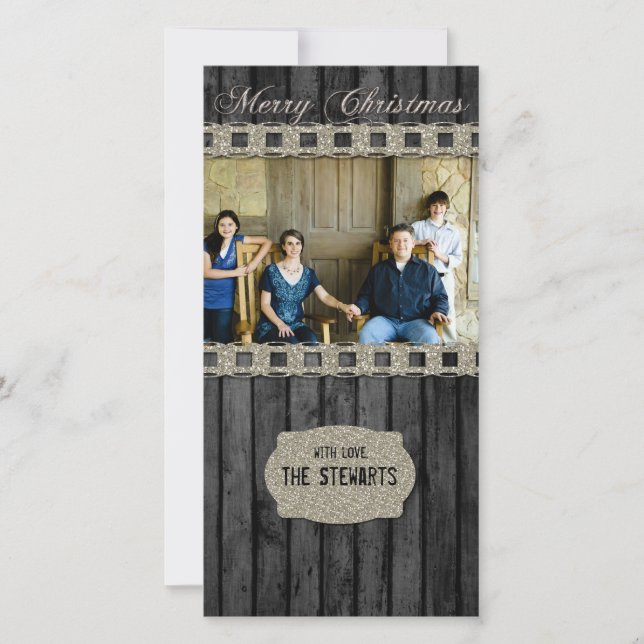 Black Wood Silver Country Photo Christmas Card (Front)