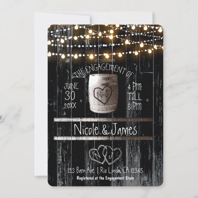 Black Wood String Lights Barrel Rustic Engagement Invitation (Front)