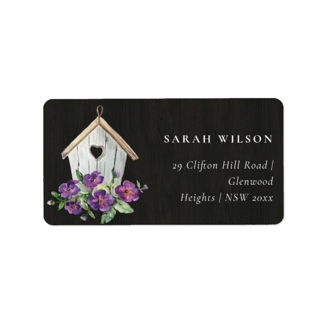 BLACK WOOD TIMBER RUSTIC FLORAL BIRD HOUSE ADDRESS LABEL (Front)