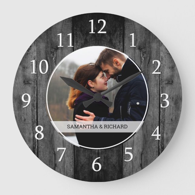 Black Wood Wedding Anniversary Custom Photo Large Clock (Front)