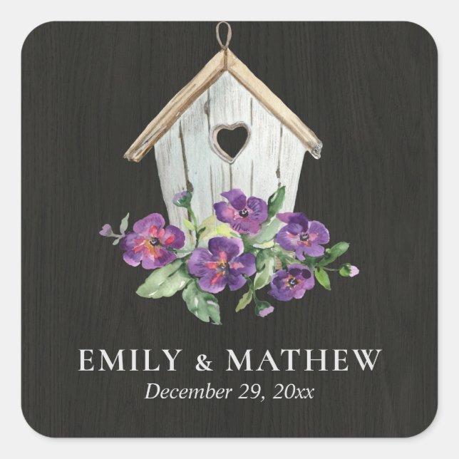 BLACK WOODEN RUSTIC FLORAL BIRDHOUSE WEDDING SQUARE STICKER (Front)