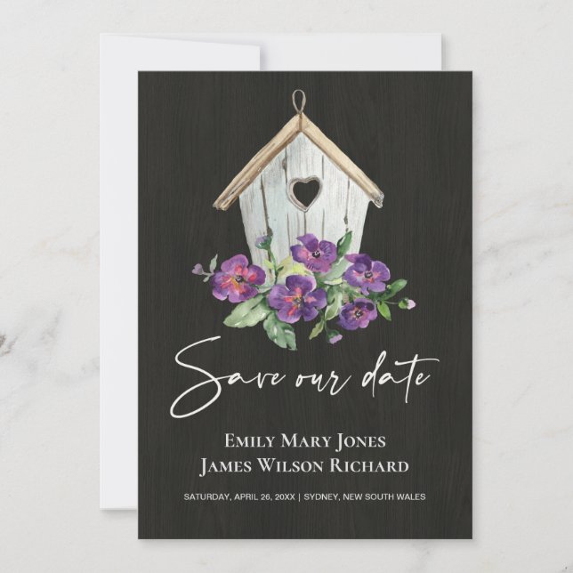 BLACK WOODEN RUSTIC PURPLE FLORAL BIRDHOUSE SAVE THE DATE (Front)