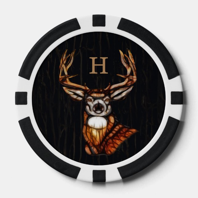 Black Wooden Wood Deer Rustic Country Monogram Poker Chips (Front)