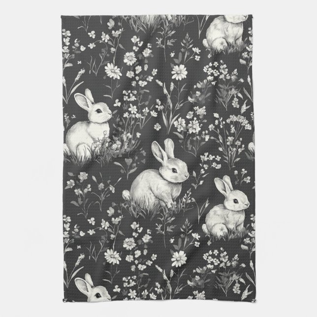 Black Woodland Bunny Botanical Pattern Kitchen Towel (Vertical)