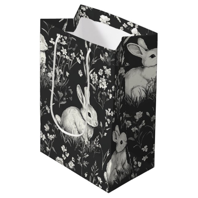 Black Woodland Bunny Botanical Pattern Medium Gift Bag (Front Angled)